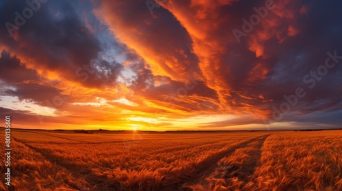 Vibrant sunset over golden fields with swirling clouds
