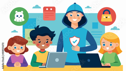 A workshop focused on teaching kids how to spot scams and protect themselves and their families from online threats.. Vector illustration