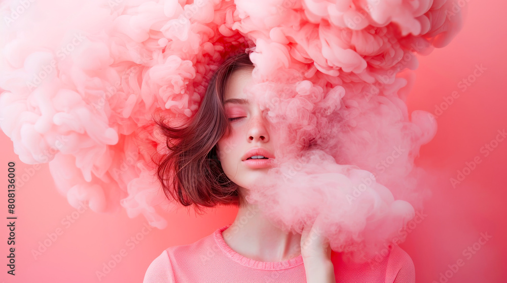 Young Woman Dreaming in Pink Cloud Imagery
Young Woman Dreaming in Pink Cloud Imagery