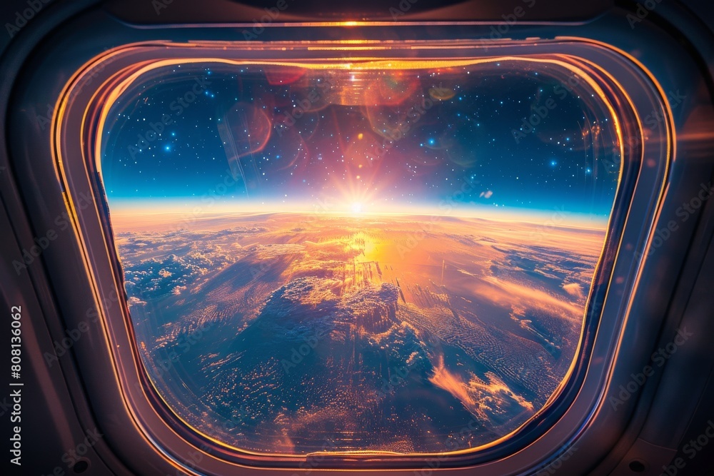 View glass allows sunlight to stream into this distant space image of Earth. View glass allows sunlight to stream into this distant space image of Earth.