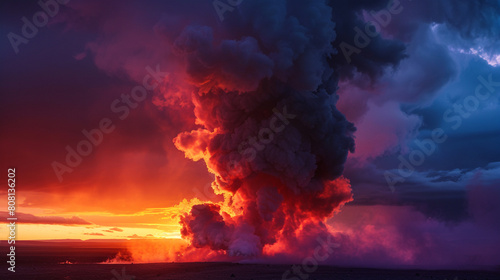 A dramatic burst of smoke in a spectrum of sunset hues--vibrant orange, deep red, and purple--against a darkening sky. photo