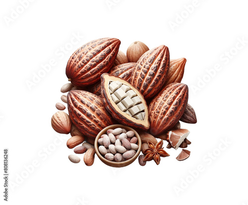Fresh cocoa beans with cocoa pods isolated transparent background Ai generative.