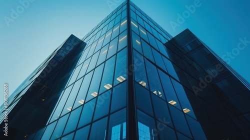 A low-angle shot of a sleek modern glass-paneled building reflecting the bright blue sky