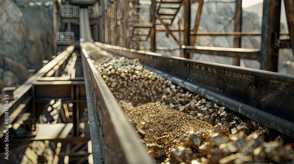 Close-up of a conveyor belt moving gold ore in a large industrial gold mine Close-up of a conveyor belt moving gold ore in a large industrial gold mine