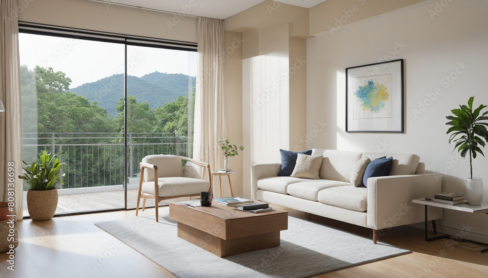 Fototapeta premium Modern Minimalist Study Room Design with White Furniture and Earth Tone Material Scheme, featuring a Clear Lamp and Window for Natural Daylight 
