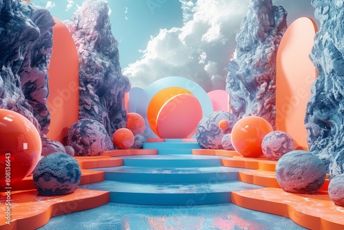 The image is a surreal landscape with a blue sky, pink and blue rocks, and a path leading to a glowing orange orb. photo