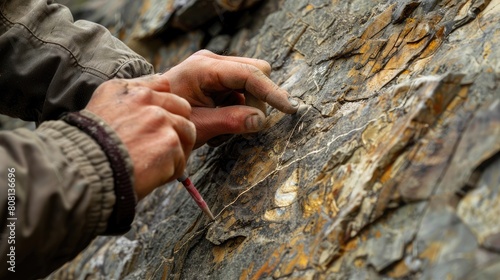 A man is painting on a rock with a brush