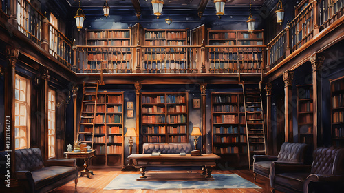 Paint a watercolor background of a quiet library filled with antique books photo