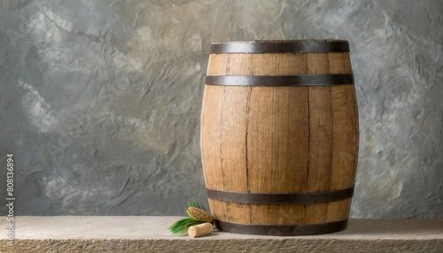 Wooden barrel on a table and textured background © Marko