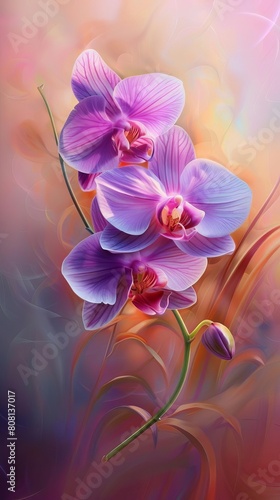 A pair of orchids in shades of purple and magenta, set against a blurred, warm-toned background, positioned in the center