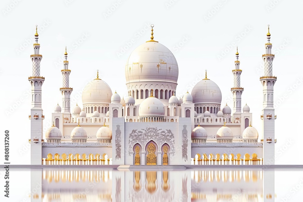 A stunning mosque adorned with intricate gold and white decorations