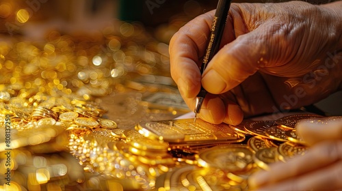 A man is writing on a gold coin with a pen
