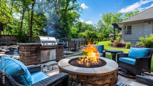 Backyard with Fire Pit Grill and Outdoor Dining Area. Concept Outdoor Entertaining, Fire Pit Gatherings, Al Fresco Dining, Backyard Grilling