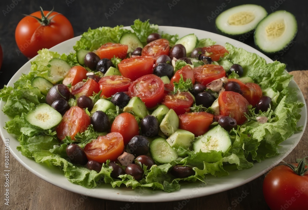 summer seasonal salads with tomato, lettuce, olives, tuna summer seasonal salads with tomato, lettuce, olives, tuna