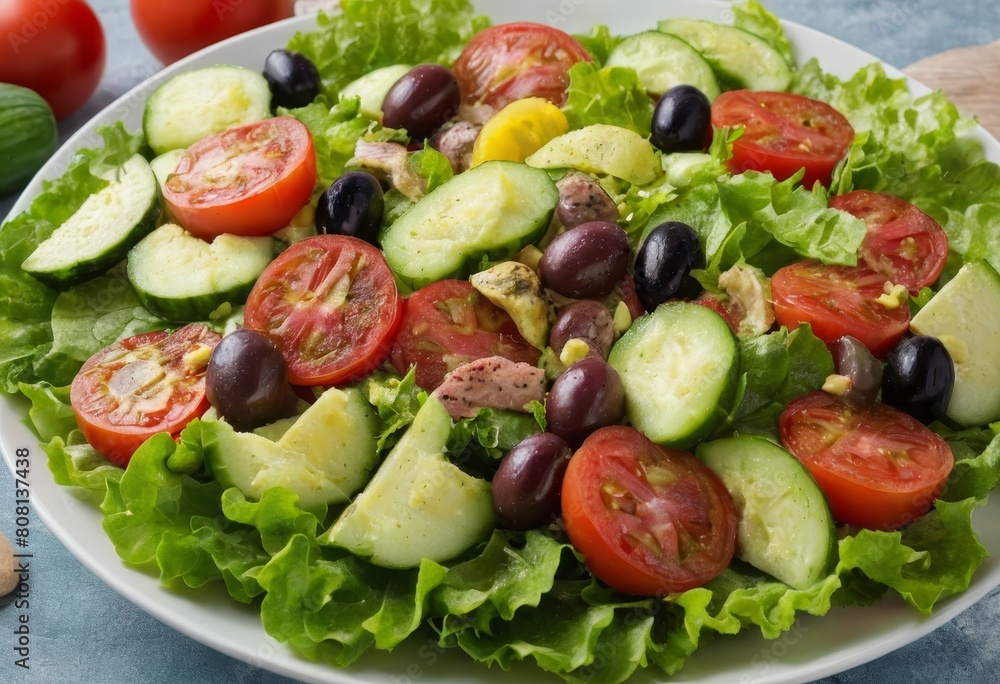 summer seasonal salads with tomato, lettuce, olives, tuna