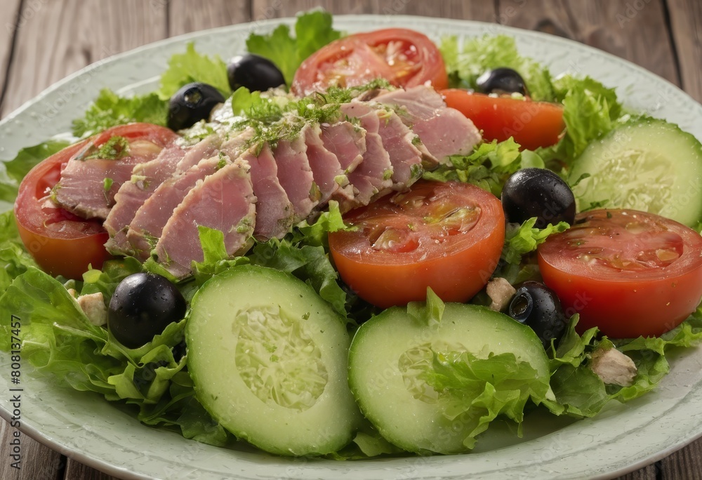 summer seasonal salads with tomato, lettuce, olives, tuna summer seasonal salads with tomato, lettuce, olives, tuna