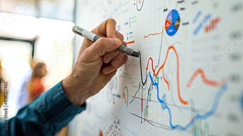 Close-up of a hand writing gold trading analysis on a whiteboard, with market graphs and data.