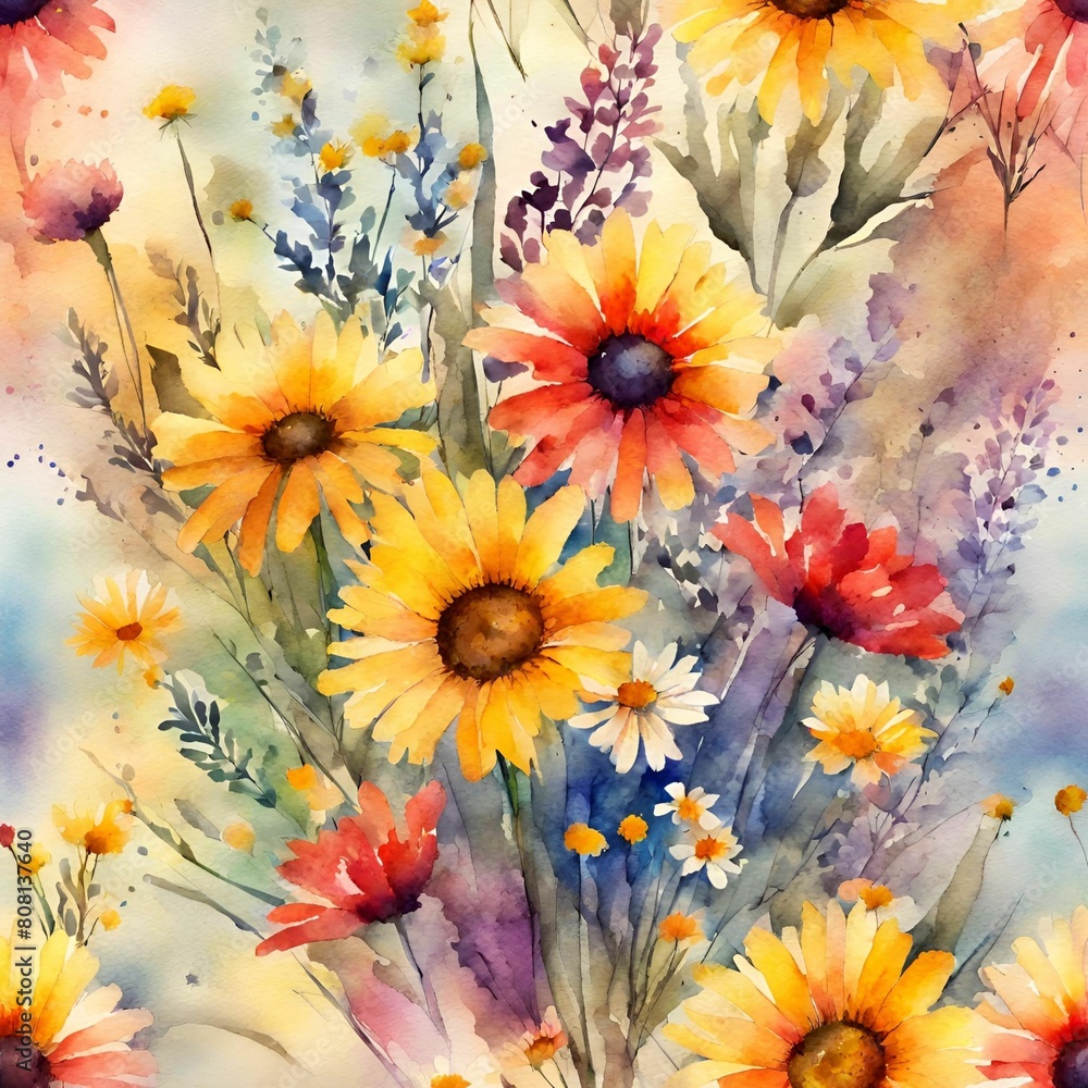 Watercolor Field Flowers: Daisies Orange, Blue and White.