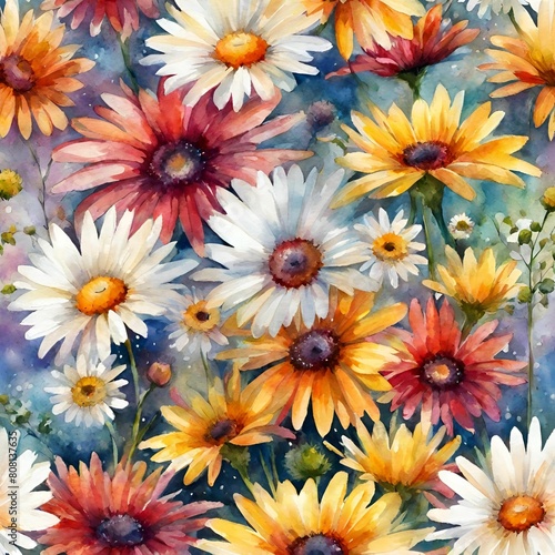 Watercolor Field Flowers  Daisies Orange  Yellow and White.