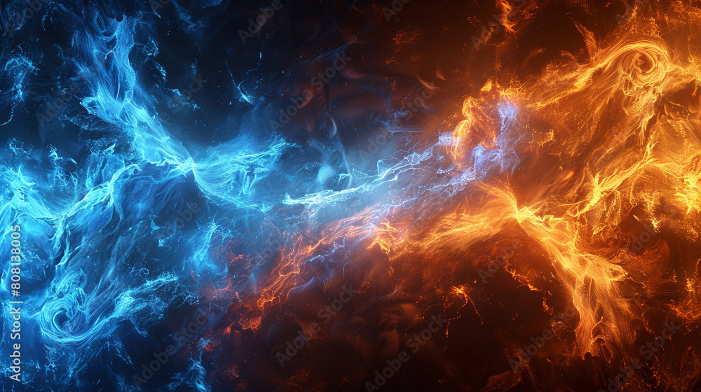 A dynamic interplay of neon blue and fiery orange waves, clashing in a powerful and intense display that resembles the electric excitement of a summer storm.
