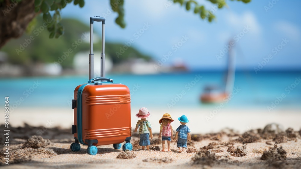 Cheerful family vacation scene  suitcase on sandy beach with joyful family in the background