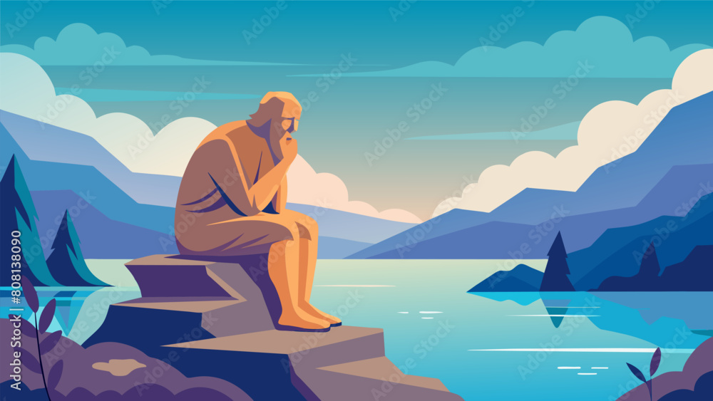 A thoughtful statue of a philosopher crafted from aged wood and perched on a rock overlooking a serene lake.. Vector illustration A thoughtful statue of a philosopher crafted from aged wood and perched on a rock overlooking a serene lake.. Vector illustration