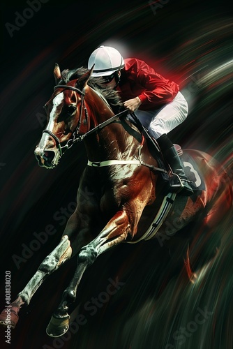 stylish illustration of fast horseman rider and horse at race on black background, equine sport and speed concept, blurred motion © goami
