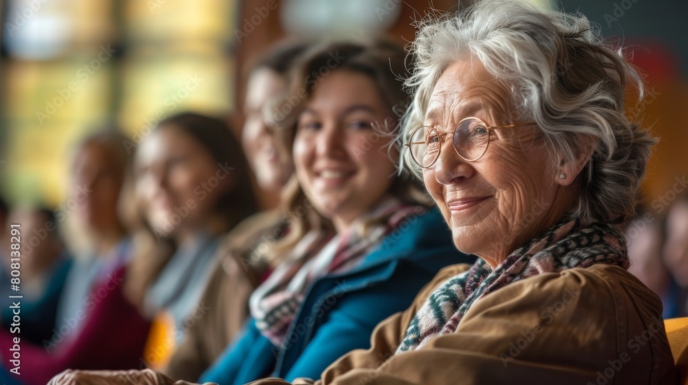 Happy senior woman is sitting at a lecture in class with young students. Continuous learning, Improvement concept. Generative ai. Happy senior woman is sitting at a lecture in class with young students. Continuous learning, Improvement concept. Generative ai.