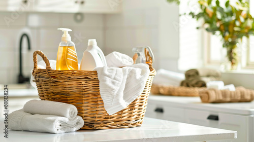 Laundry Basket with Towels and Detergent in Bright Laundry Room 