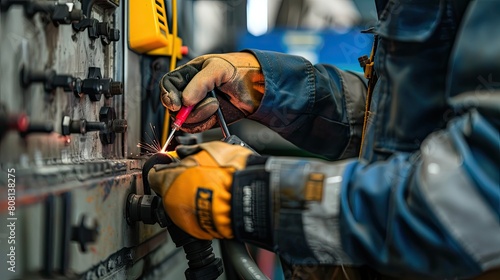 Close-up of a professional conducting a safety check on welding equipment before use, focusing on meticulous detail.