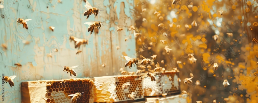 Honey bee on the honeycomb or flying home. Beekeeper or apiculture and care about bees. Honey bee on the honeycomb or flying home. Beekeeper or apiculture and care about bees.