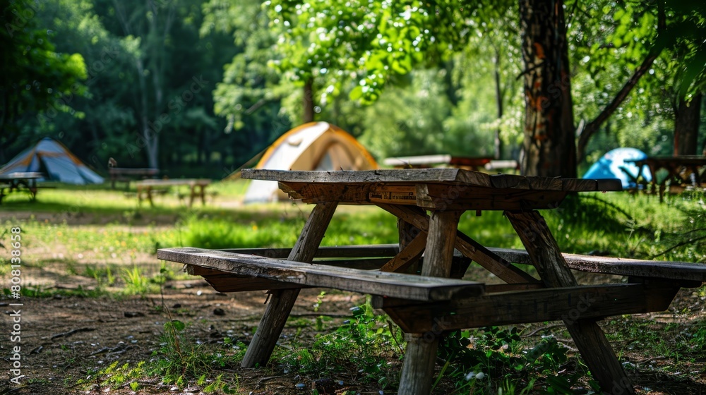 Serene Campsite with Tent and Wooden Table in Lush Park Serene Campsite with Tent and Wooden Table in Lush Park