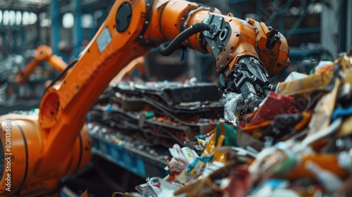 Close-up of a robot arm sorting through recycled materials, showcasing environmental applications of robotics. © BMMP Studio