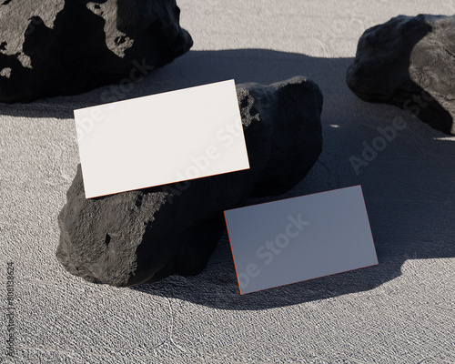 Double sided business card mockup, White sheet of paper or blank, business card template design near by rocks,
