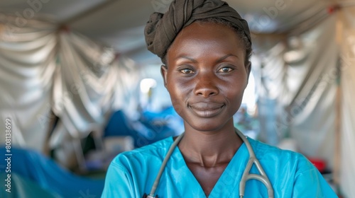 Young black nurse volunteer in refugee camp, providing critical healthcare and support amidst a humanitarian tragedy. Generative ai photo