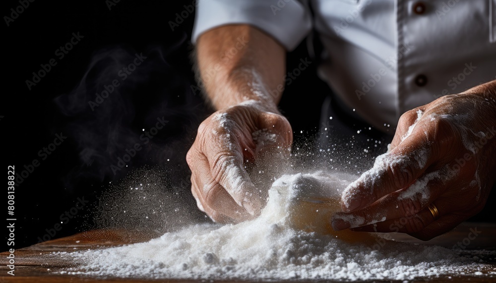 A close-up of a chefs hands creating a dough mixture using flour A close-up of a chefs hands creating a dough mixture using flour