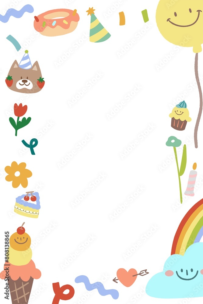 birthday illustration frame , a cute dog , , ice cream, air balloon , flower , birthday cake , sky and rainbow for card decoration