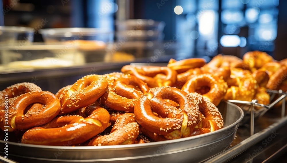 Tray filled with freshly baked pretzels in a bakery display