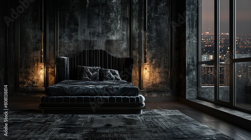 An elegantly gloomy penthouse bedroom, featuring an opulent velvet bed frame against a backdrop of shadowy walls. 