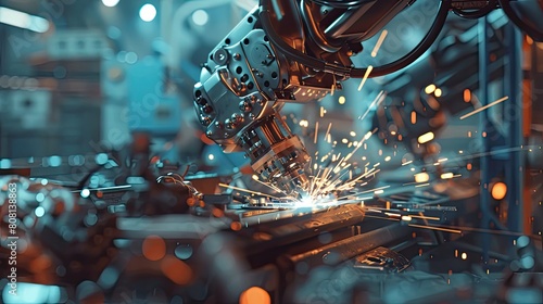 Close-up of a robotic arm welding metal parts in an industrial plant, sparks flying.