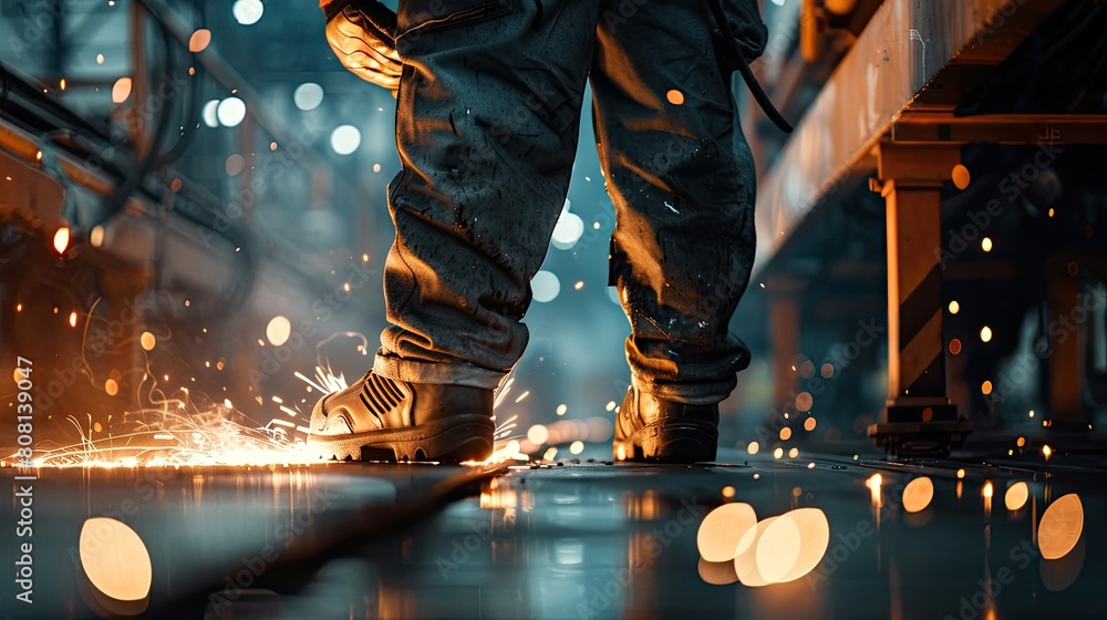 A man in a pair of jeans and a black shirt stands in front of a pile of sparks A man in a pair of jeans and a black shirt stands in front of a pile of sparks