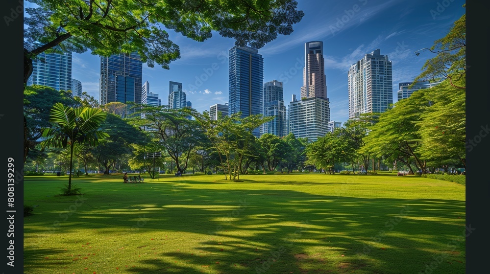 Fototapeta premium Cityscape with park, tall buildings, green urban environment, world environment day concept
