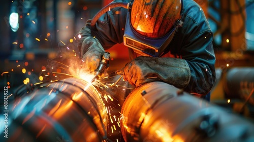 Close-up of a skilled worker performing TIG welding on a stainless steel pipe, sparks and light reflections visible. photo
