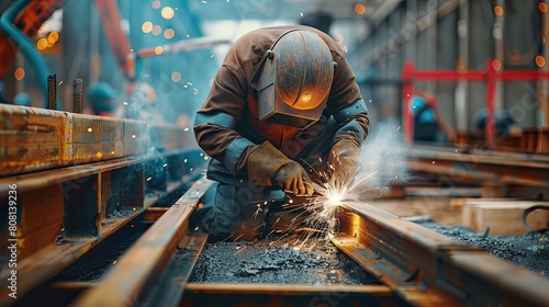 Close-up of a structural welder using advanced welding techniques to secure steel beams at a construction site.