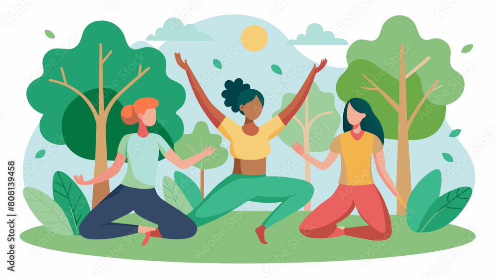 A gentle breeze rustling through the leaves helping to cool down the bodies of the yoga practitioners as they challenge themselves with more advanced. Vector illustration