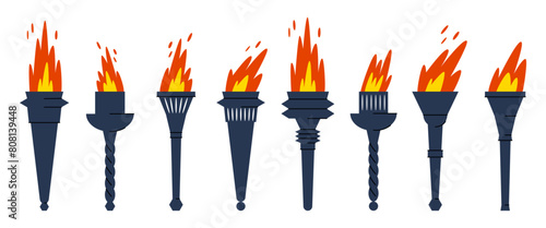 Set of Olympic torches with fire on white background. Symbols of relay race, competition victory.