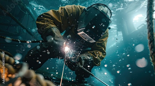 Close-up of a welder performing critical underwater welding on a ship hull, bubbles and light in murky water. photo