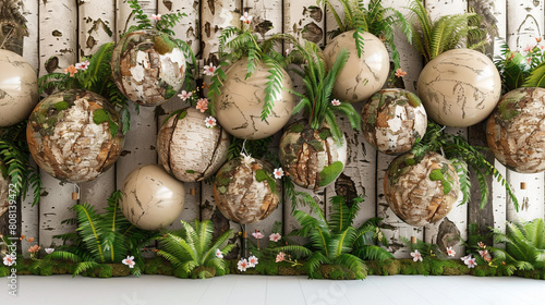 An enchanting balloon wall featuring balloons that mimic the texture of birch bark and moss, complemented by realistic ferns and wildflowers,  photo