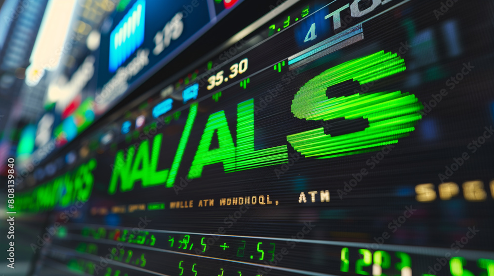 Digital Stock Market Display with Green Ticker