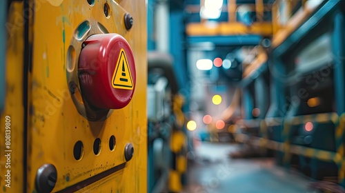 Close-up of emergency stop buttons and safety signage in a welding workshop, highlighting preventive safety measures.